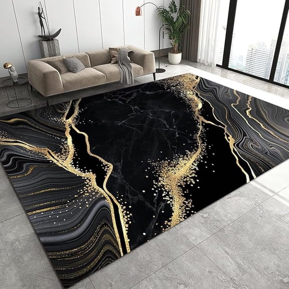 Nordic Luxury Black Gold Marble Area Rug, Non Slip Noise Reduction Large Area Rugs, Easy Care Durable Carpet For Indoor Living Room Bedroom Office Decor Mat 2x3ft