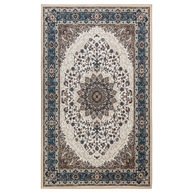JML Area Rug 5'x7' Retro Accent Non-Slip Indoor Carpet Khaki & Navy Floral Foldable Rugs for Living Room Bedroom Office Home Decor