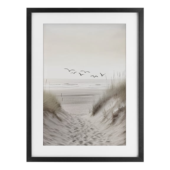 Seagulls over Sandy Footprints Black Framed Print Under Glass, design by Decent Exposures