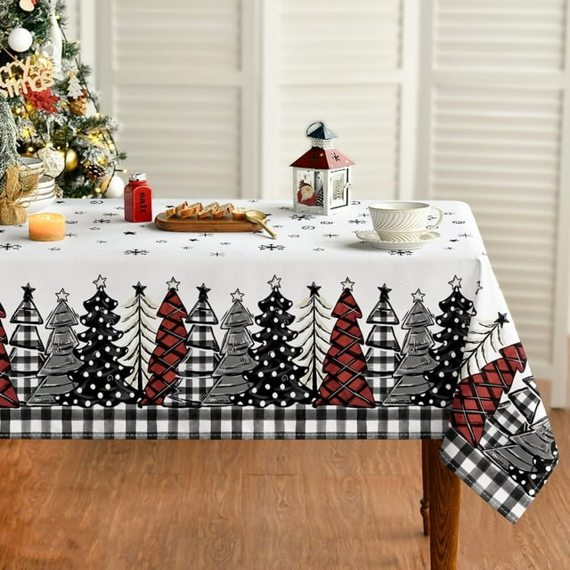 Christmas Tablecloth 60×104 Inch Rectangular, Christmas Trees Buffalo Plaid Black Washable Table Cover for Party Picnic Dinner Decor