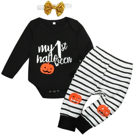 

Zukuco Newborn Baby Girl Halloween Outfits Long Sleeve T Shirt Tops Stripe Pant Headband Fall Winter Clothes Set 0-6 Months
