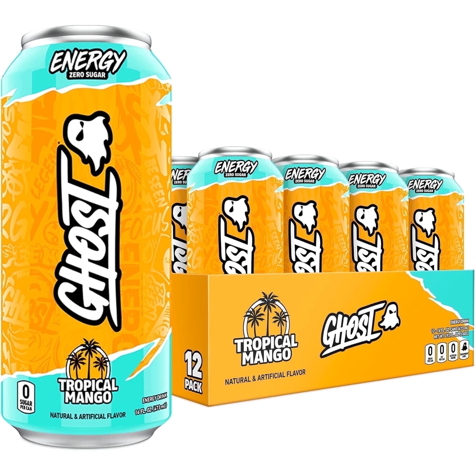 GHOST Zero Sugar Energy Drink, Tropical Mango, 16 oz Can, 12 Pk