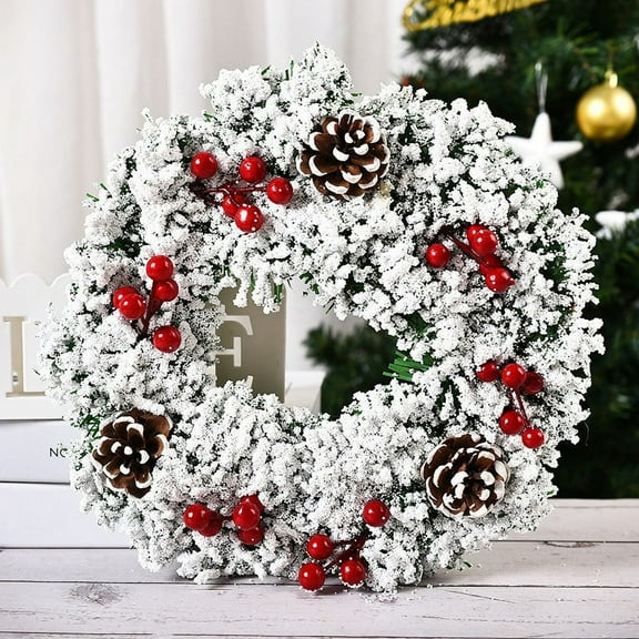 VINOIC Artificial Christmas Wreath Handmade Snow Flocked Rustic Berry Wreath with Mixed Decorations, Front Door Holiday Decor Wreath