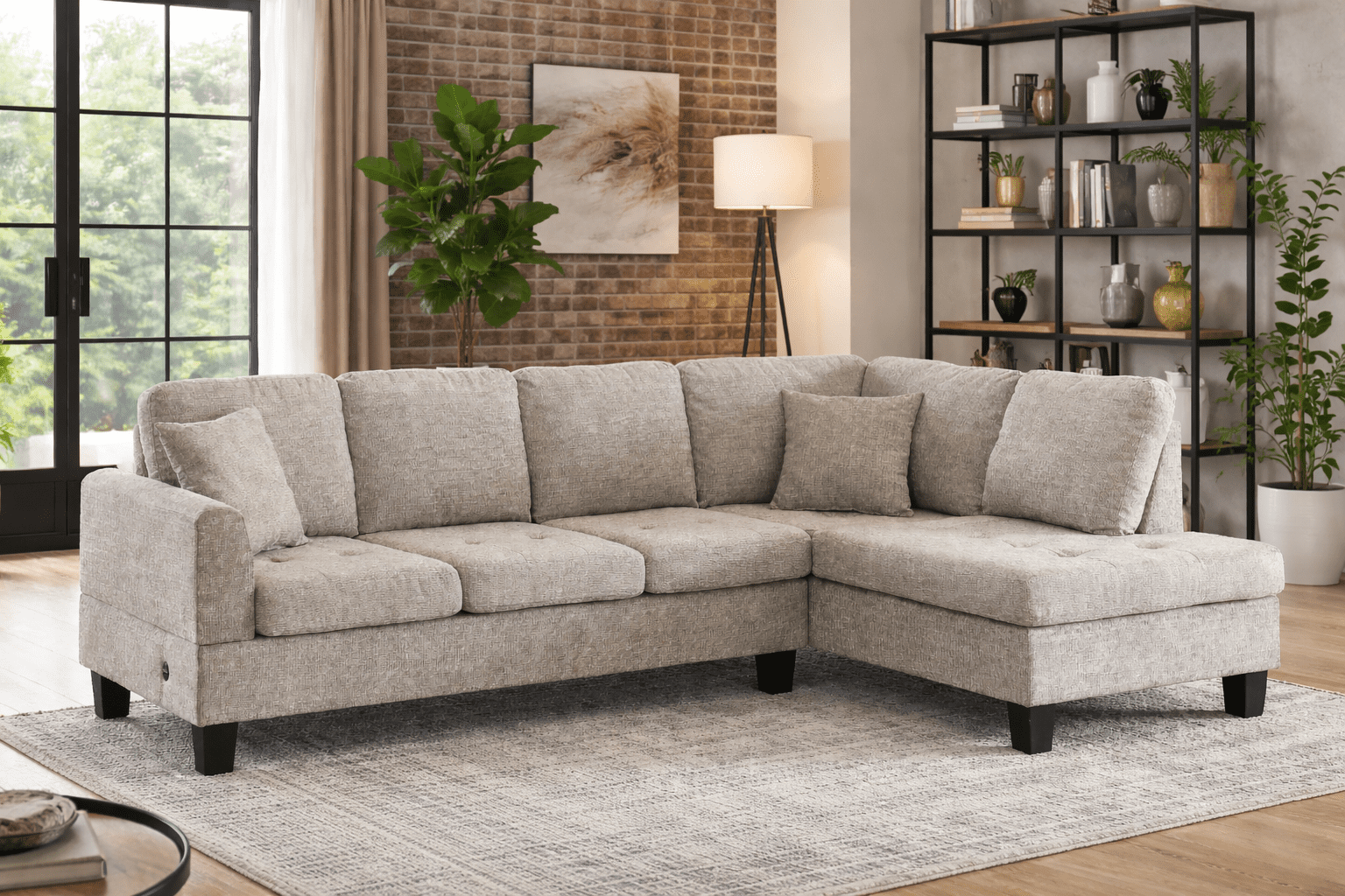 K-Living Almond Fabric Sectional with Two Accent Pillows