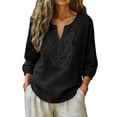 thumbnail image 3 of Women's Cotton Linen 3/4 Sleeve V Neck Lace Blouse Loose Fit Casual, 3 of 7