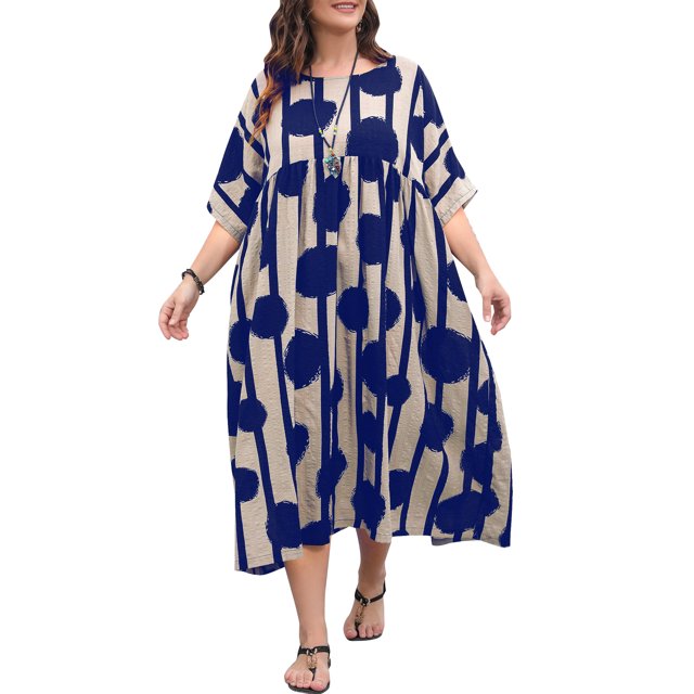 Vestido, Vestido de mujer O-cuello Mangas cortas Bolsillos Estampado floral Dobladillo plisado Talla Abody Azul oscuro
