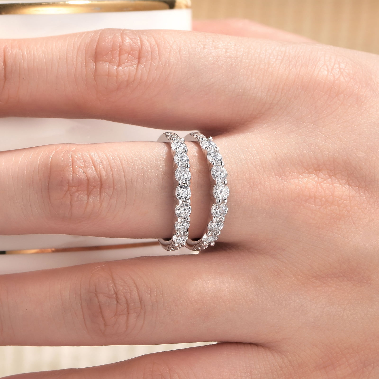 Wuziwen Ring Enhancer for Engagement Rings Two Row Sterling Silver Wedding Bands for Women Stackable Cubic Zirconia Size 5