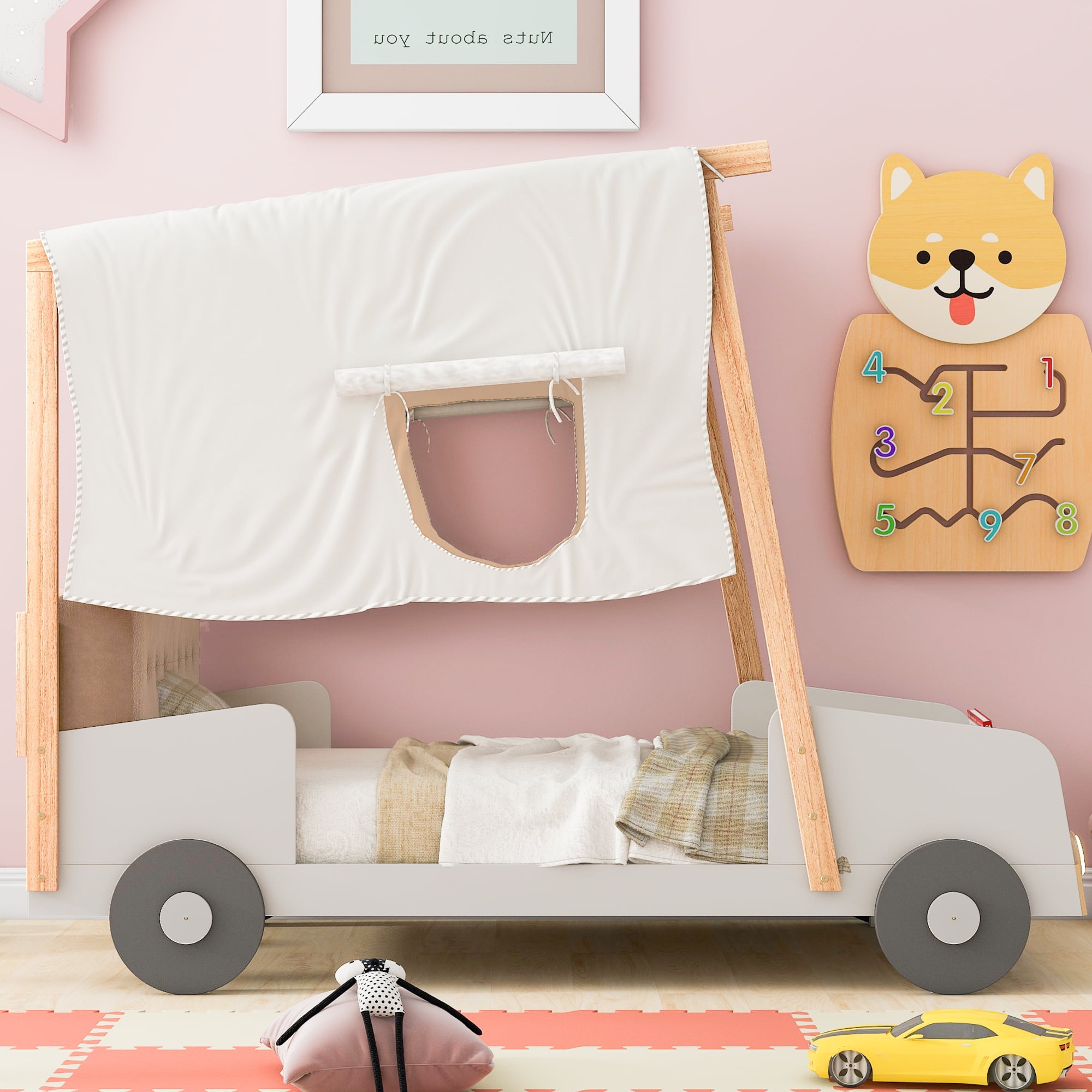 Car Shaped Platform Bed Frame for Kids with Headboard, Pillow, Ceiling Cloth and LED Light, Twin Size Wood Car Bed with Canopy Frame