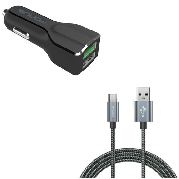 Charger Cord Type-C 10ft USB Cable w 2-Port USB 30W Car Charger D3V for Acer Liquid Jade Primo - Alcatel PulseMix, 7, Idol 5S 5 4S - ASUS Zenfone V Live, ROG Phone, AR 6 5z 4 Pro