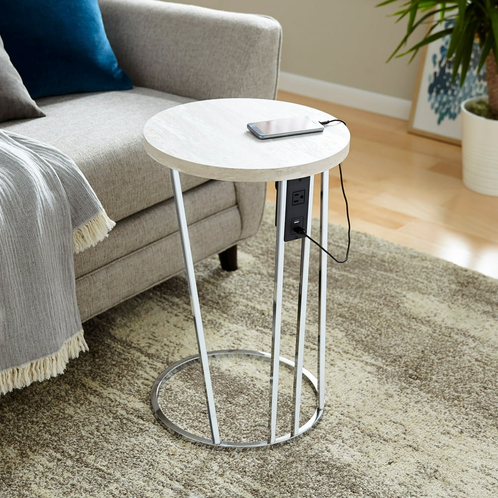 Mino Faux Stone Side Table w/ USB Ports