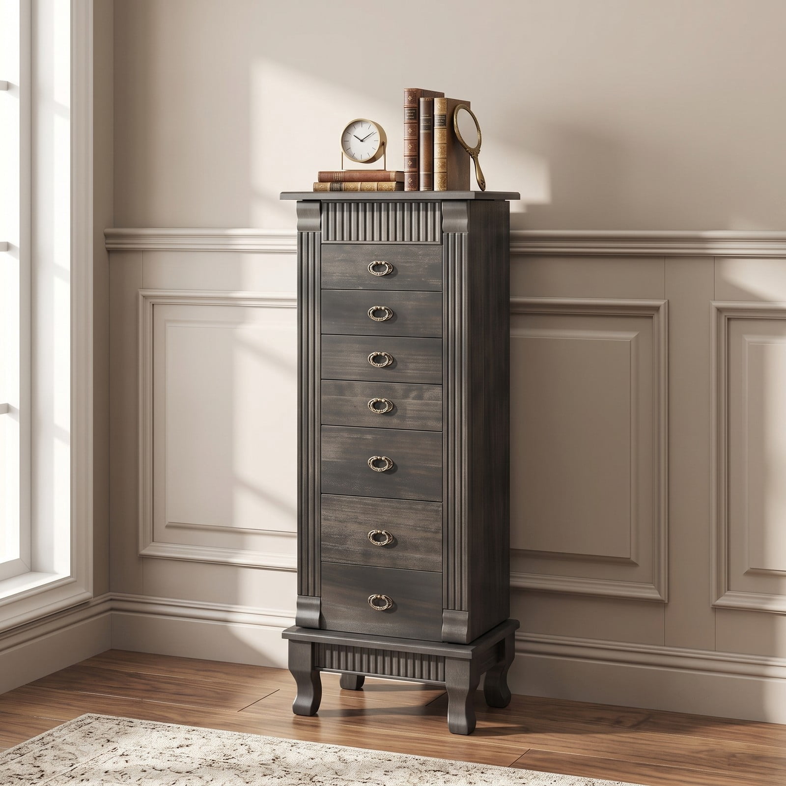 Furnibear Freestanding Wooden Jewelry Armoire Cabinet Storage Chest with 7 Drawers and Swing Doors for Space Saving Bedroom Storage, Gray