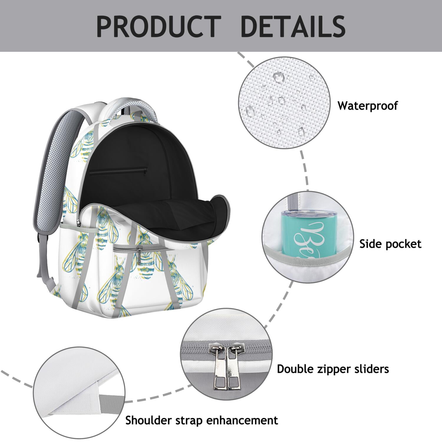 Bees Themed Laptop Backpack&nbsp;- School Essentials Bag with Side Elastic Pouch, Ergonomic Design to Reduce Back Pain, Water-Resistant Coating for Protection