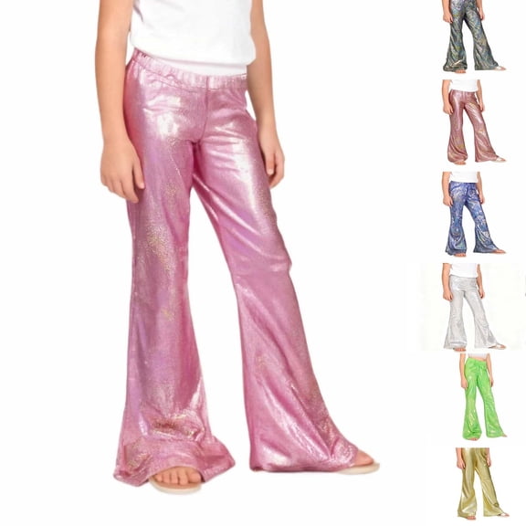 TGPMGRZ School Pants for Girls Elastic High Waisted Flare Dress Pants Dressy Slacks (Sequin Satin, Toddler, 3-4 Years, Hot Pink)