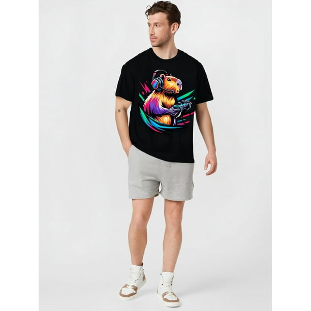Funny Capybara Rodent Gamer Tee - Men's Cotton T-Shirt for Video Games Lovers - Unique Gift for Boys and Teens - Humorous Graphic Print - Short Sleeve - Casual Wear - Relaxed Fit Tee For Adult, Men,