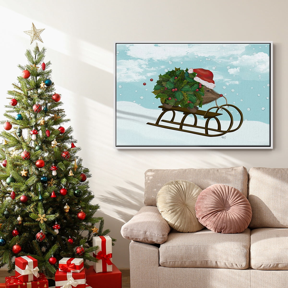 Christmas Holly Hedgehog Sledding - Framed Gallery Wrapped Holiday Canvas - 17 x 25 - White Frame