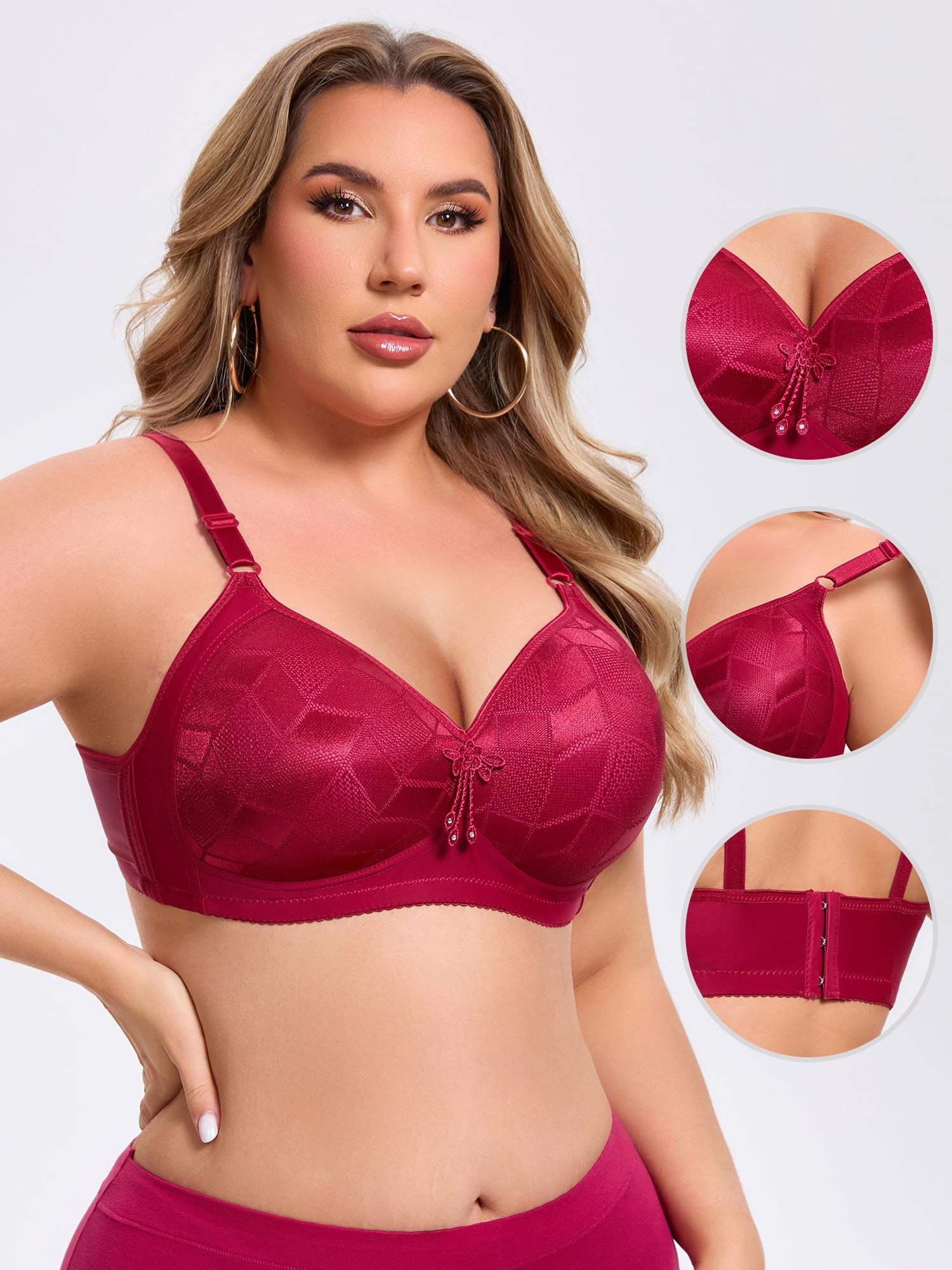 DARING DIVA Women's Deep V Wireless Bralette Soft Cup Adjustable Straps Bra C 48 Red