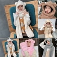 thumbnail image 2 of Women Cute Bear Ear Hat 3 in 1 Animal Hat Scarf Gloves, Warm Plush Hoodie Cap Gloves Mitten Scarf Set Winter Novelty Beanies Caps, 2 of 8