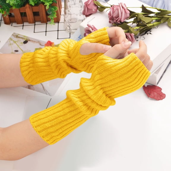 BLTIBY Knitted Arm Warmers Fingerless Gloves for Women Winter Solid Color Fashion Thermal Knit Mitten Long Arm Sleeve with Thumb Hole Yellow Free Size