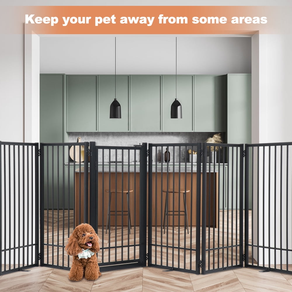 SMONTER Free Standing Dog Gate with Door Walk Through, 120'' Extra Wide Indoor Dog Fence, 31.5'' Height 6 Panels Foldable Metal Pet Puppy Gate for Stairs, Hallways, Doorway
