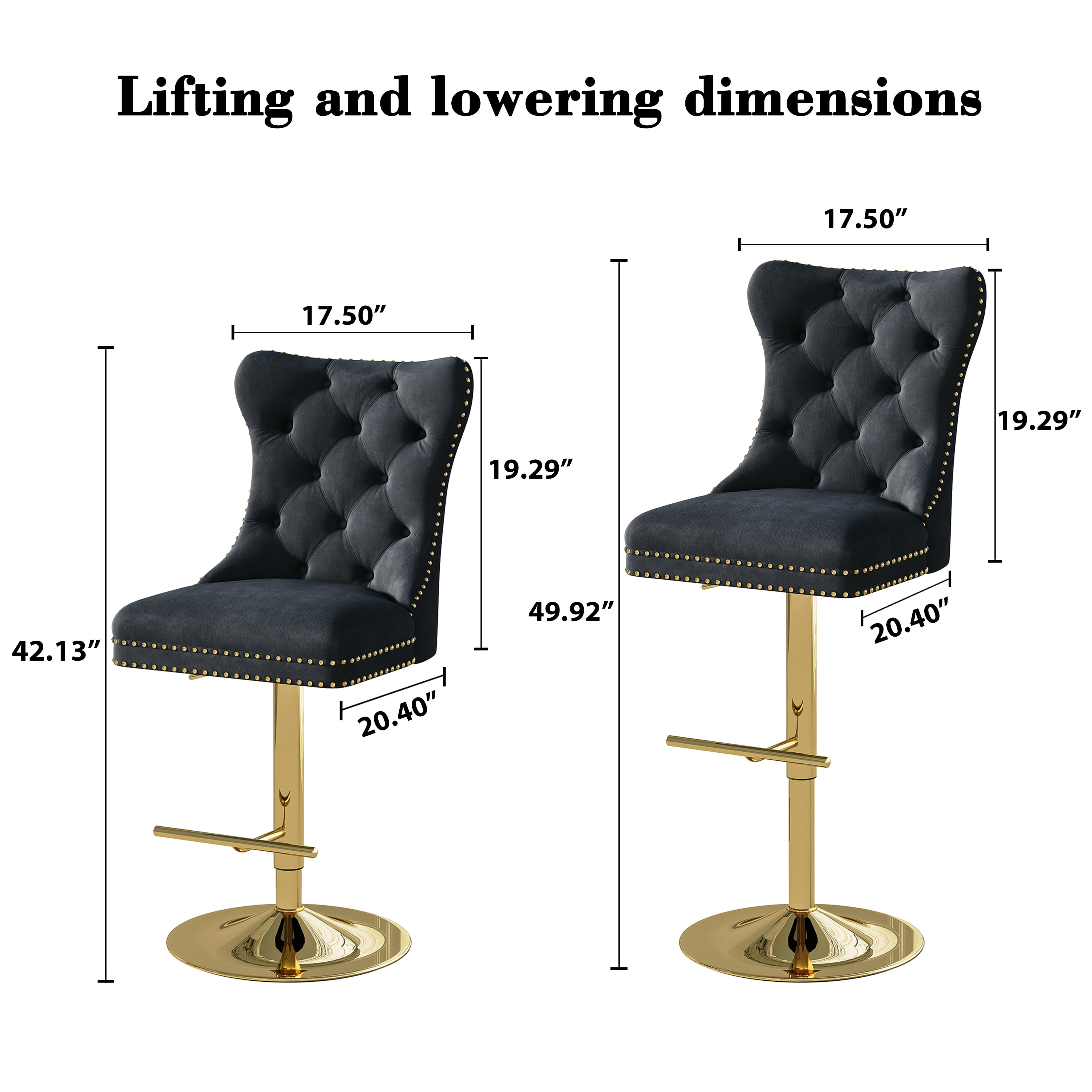 Modern Velvet Bar Stools Set of 2 Adjustable Swivel Counter Height Chairs with Upholstered Back and Nailhead Trim for Home Pub Kitchen Island