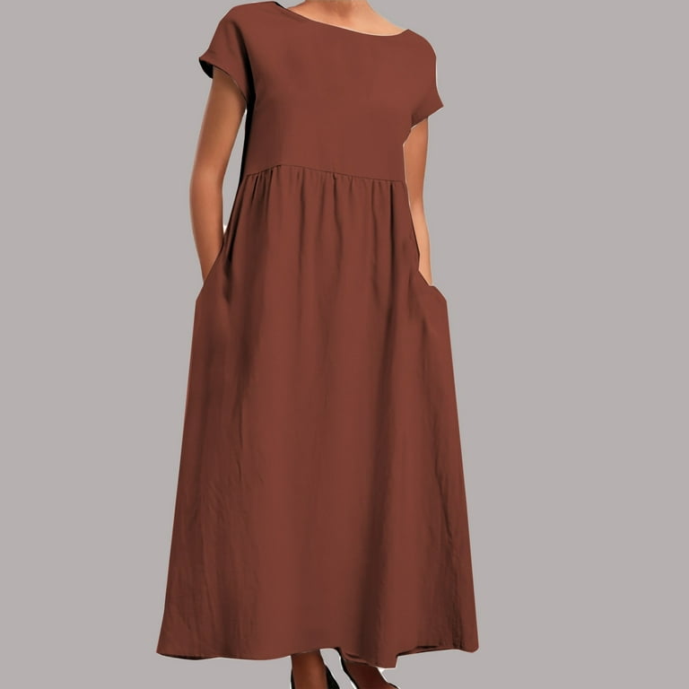 polyester fabric dress for women Women's Sleeveless Linen Blend Maxi Dress with Pockets - Solid Color Loose  Fit, Polyester Fabric for All Occasions
