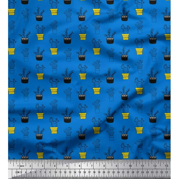 Soimoi Blue Cotton Duck Fabric Cactus Leaves Print Fabric by Yard 44 Inch Wide