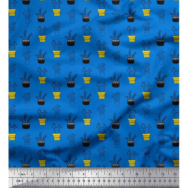 Soimoi Blue Georgette Viscose Fabric Cactus Leaves Print Sewing Fabric Yard 44 Inch Wide