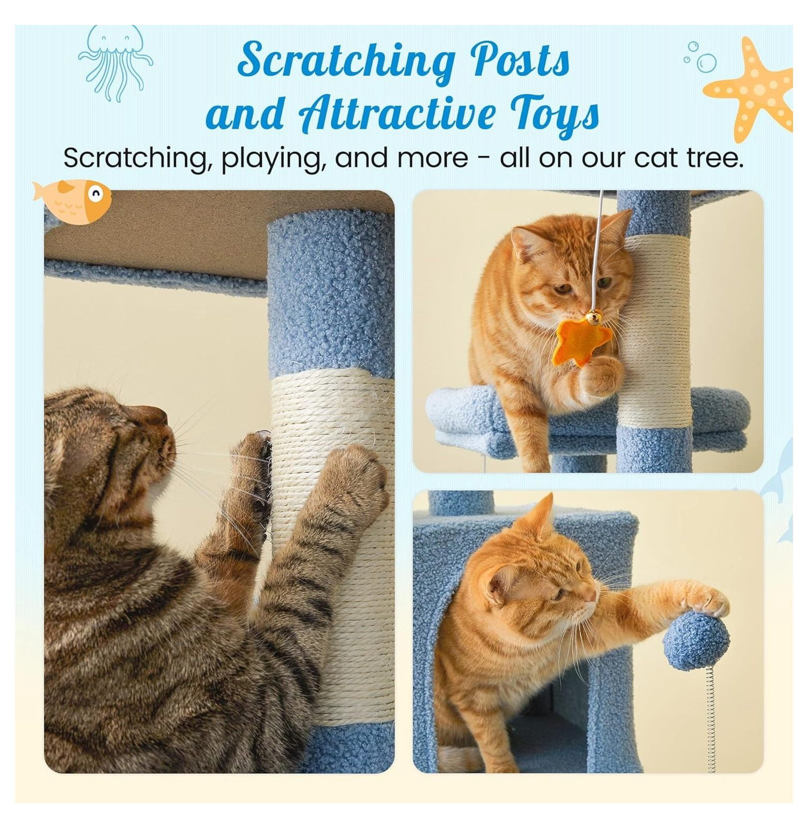 Ocean Cat Tree 70.1 Inch Tall, Multi-Level Cat Tower for Indoor Cats, Blue Plush Condo with Scratching Posts, Hammock & Toys - Large Kitten Activity Center