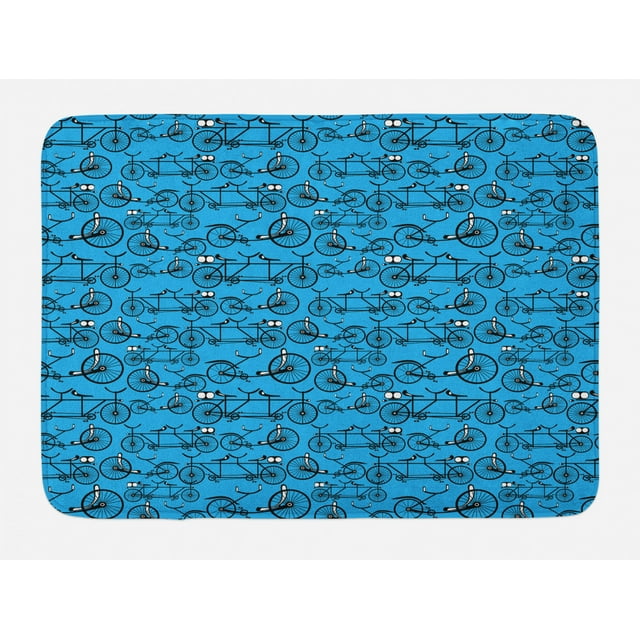 Bicycle Bath Mat, Antique Cartoon Style Bikes on Blue Background Retro Pattern with Wheels, Non-Slip Plush Mat Bathroom Kitchen Laundry Room Decor, 29.5 X 17.5 Inches, Blue Black and White, Ambesonne