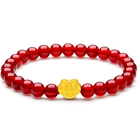 Zhou Liu Fu 24K Gold Ruyi 6mm Red Agate Beaded Bracelet for Good Fortune