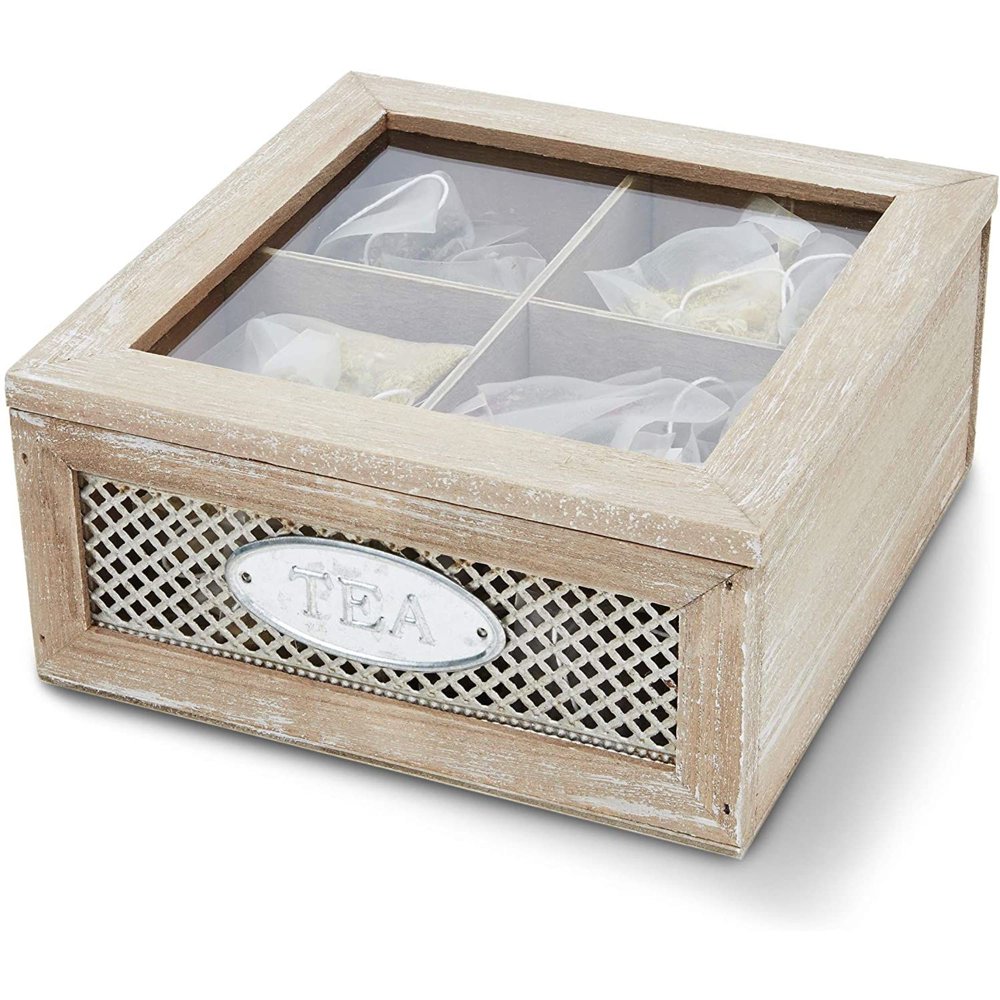 Rustic Wood Tea Storage Box Chests Tea Bags Tea Accessories Kitchen Organizer with 4Grid