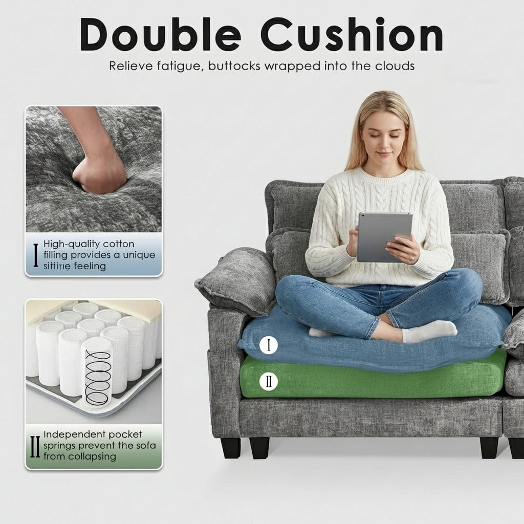 TiramisuBest 113" Cloud Couch Modular Sectional Sofa with 2 Ottomans, Premium Chenille Fabric Sectional Couch with Deep Seat for Living Room Bedroom (Gray)