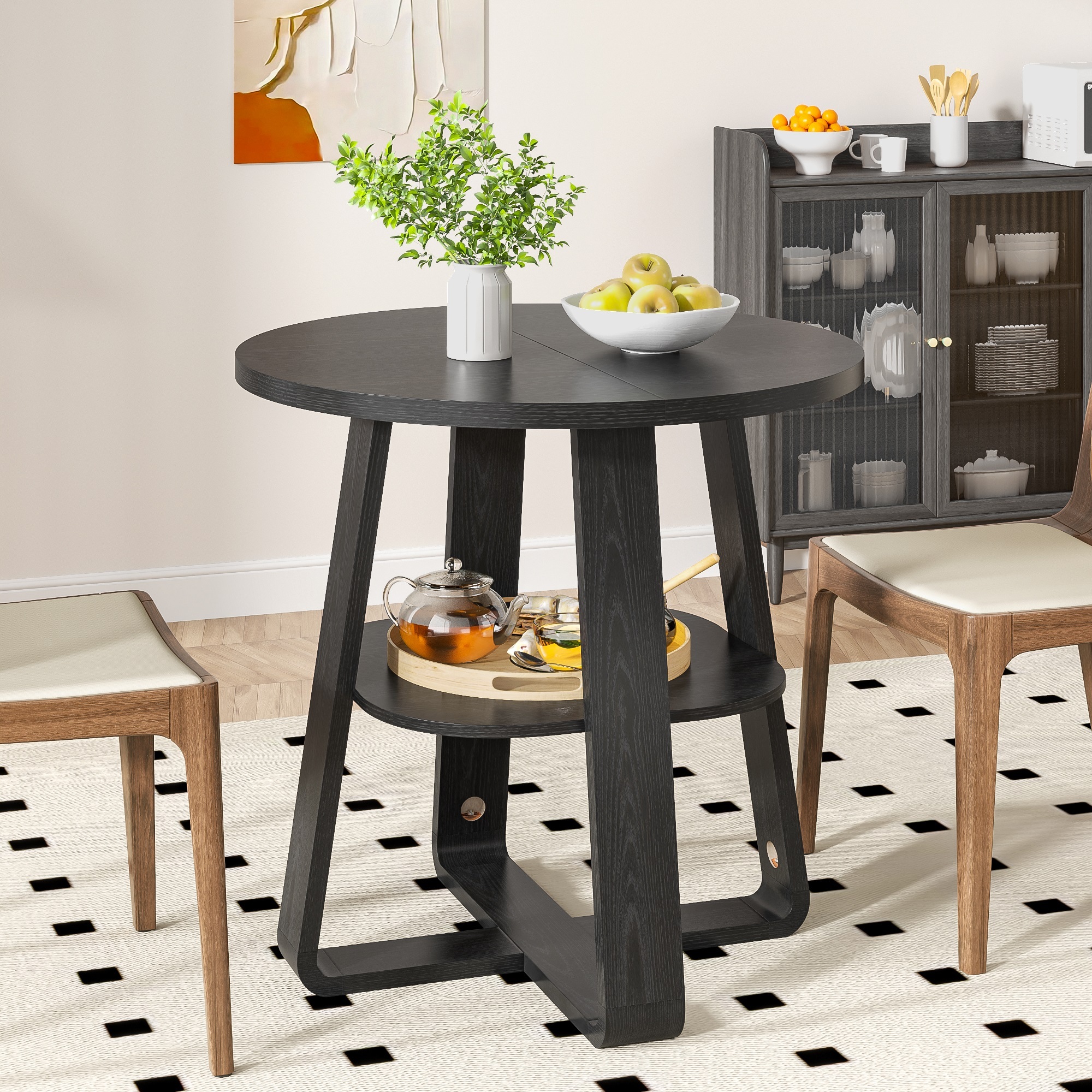 Small Round Dining Table for 2-4, Farmhouse Kitchen Table with Open Shelf, Circle Table for Space Saving, Living Room, Dining Room, Black