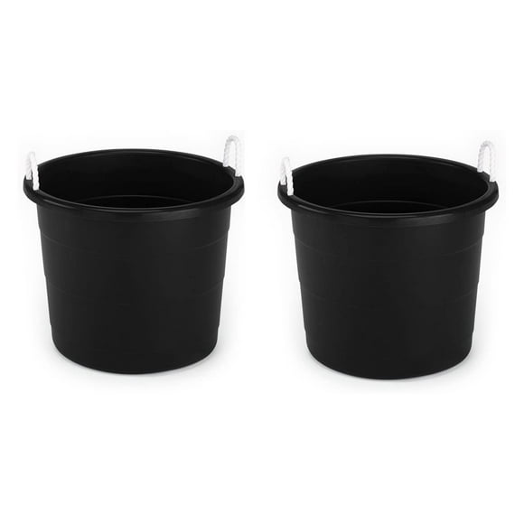 Homz Plastic 17 Gallon Utility Storage Bucket Tub w/ Rope Handle, Black, 2 Pack