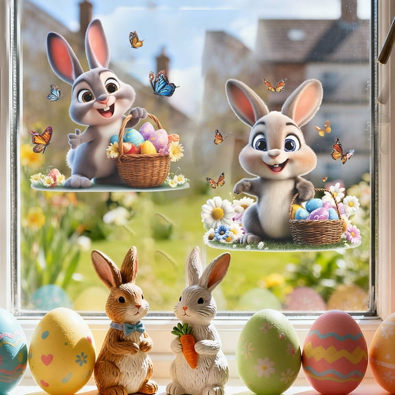 Easter Bunny Window Clings – Double-Sided Electrostatic Glass Stickers for Kids' Room, Doors, Nurseries & Holiday Home Decorations