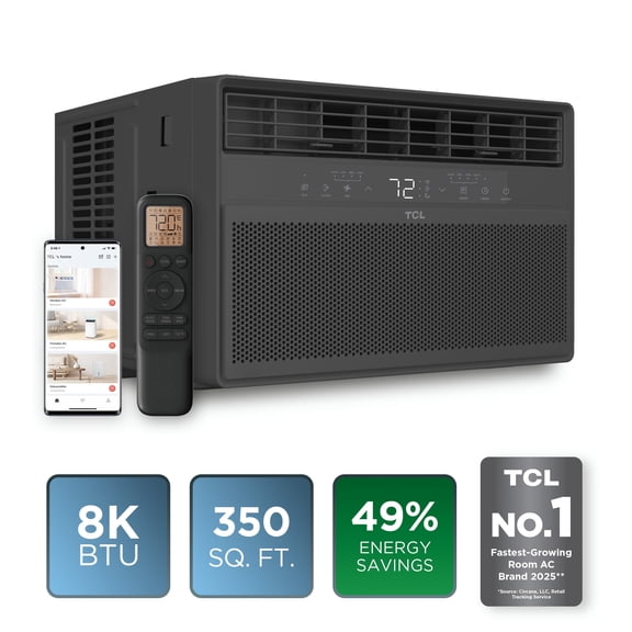 (Open Box) TCL 8,000 BTU Smart Inverter Window Air Conditioner (Black) - 350 Sq ft with up to 49% Energy Savings, Quiet Cooling Tech, 3-in-1 Cooling, Fan & Dehumidifier, Matter Wi-Fi, Remote Control - W8WC72-B