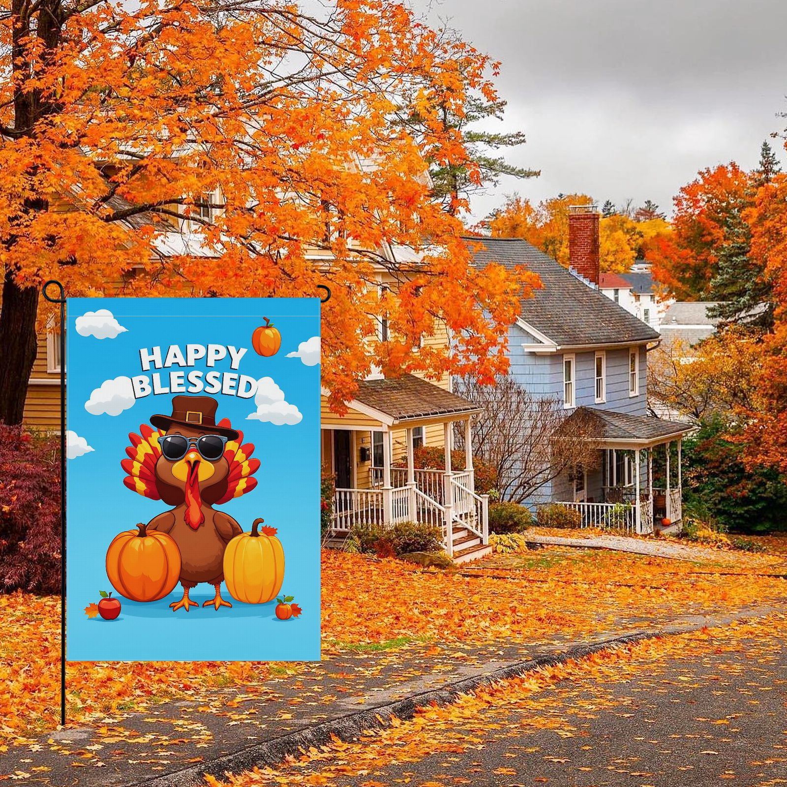 Hello Thanksgiving Day Garden Flag for Outdoor Deco for Farmhouse Patio House Backyard Balcony 28x40 Inch Durable Cartoon Back Yard Decor Pumpkins Turkey Washable Outdoor Garden Decor
