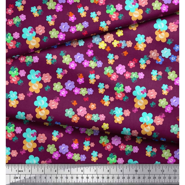 Soimoi Pink Rayon Crepe Fabric Insect & Floral Clip Art Print Sewing Fabric BTY 46 Inch Wide