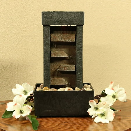Tabletop Indoor Water Fountain - Sunnydaze Indoor Tiered Shelves Lighted Tabletop Water Fountain, Small Desktop Relaxation Waterfall Feature, 10 Inch