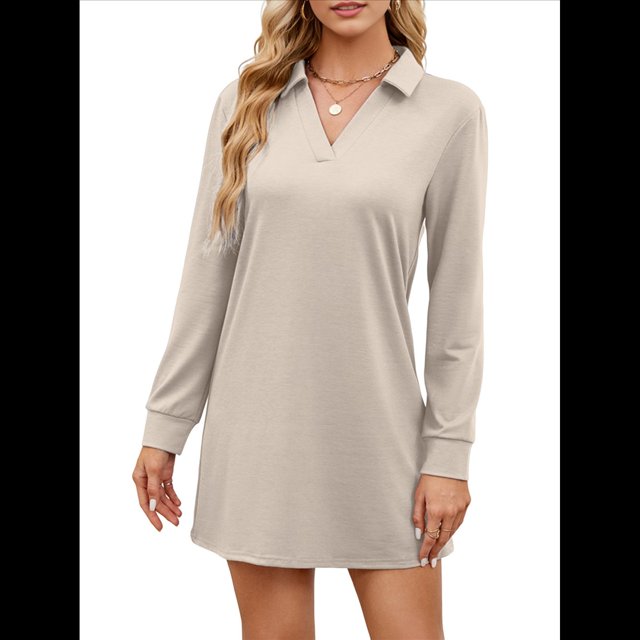 Vestido de Otoño 2025 para Mujer, Estilo Suéter Deportivo Informal, Holgado, de Larga y Cuello en V, de Color Liso. Albaricoque L