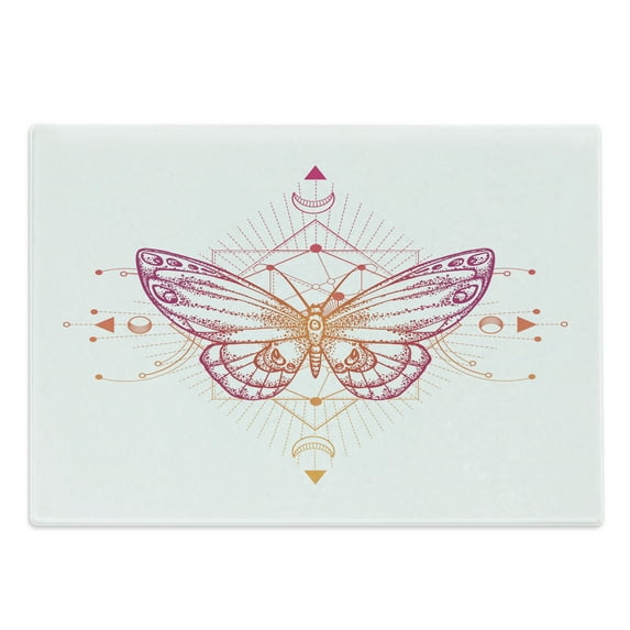 Geometry Cutting Board, Butterfly with Triangles and Bohemian Shapes, Decorative Tempered Glass Cutting and Serving Board, in 3 Sizes, by Ambesonne