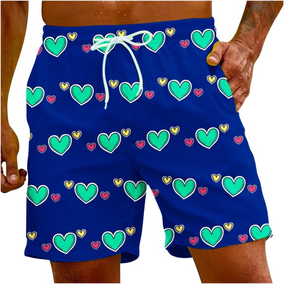 Penkiiy Men Drawstring Valentine's Day Love Print Beach Casual Trouser Shorts Pant XL Blue