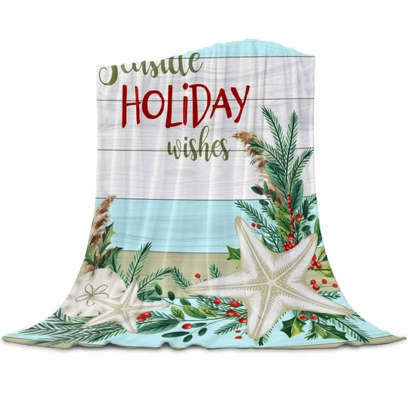 Seaside Holiday Wishes Flannel Blanket for Bed,Travel and Camping, Christmas Starfish Holly Wooden Grain Super Soft Cozy Blanket for All Seasons 50"x60"