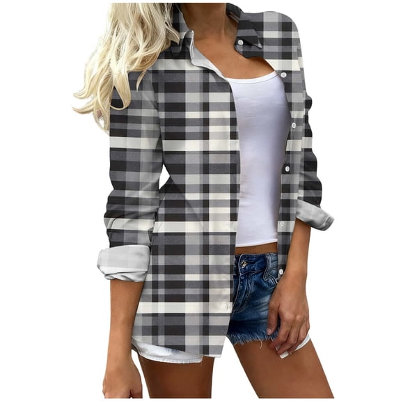 JSheng Women's Blouse Plaid Printed Fashion Casual Work Loose Long Sleeve Breasted Lapel Shirts for Women Black L