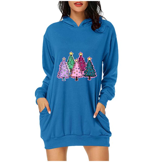 Pisexur Robes pour Femmes Imprimé Arbre de Noël Sweat à Capuche Robe de Soirée Décontractée Manches Longues Mini Robes de Vacances d'Automne pour Femmes avec Poches