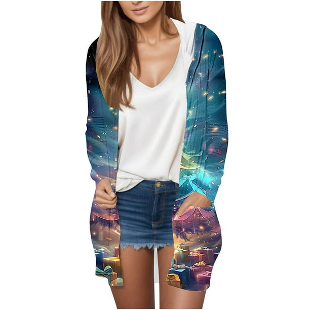 Cárdigan para mujer, blusa informal de manga larga con estampado y bolsillo, cárdigan con capucha, abrigo holgado de algodón de imitación para mujer