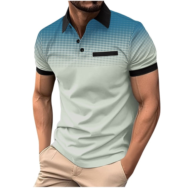 Penkiiy T-Shirts à Pois Dégradés pour Hommes Hauts Col Rabattu Bouton Sport Manches Courtes Col à Revers Haut Chemise Mode Décontractée Hauts S Bleu Clair