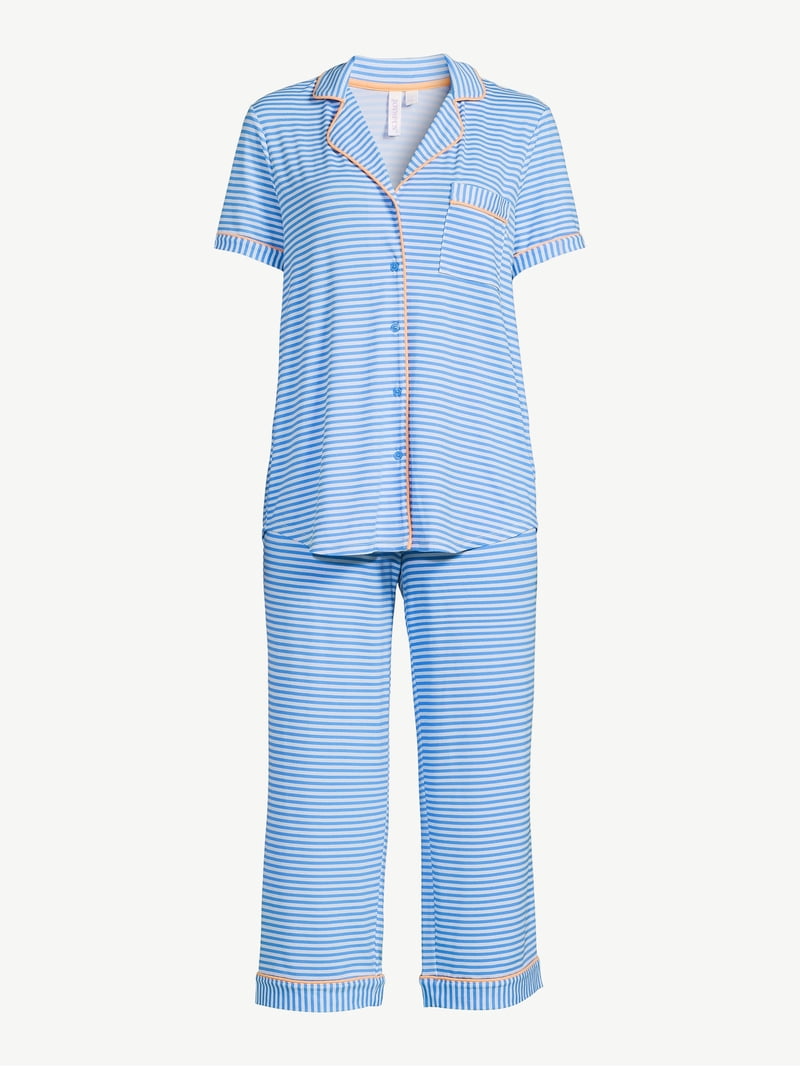Joyspun Women's Notch Collar Top and Capris Sleep Set, 2-Piece