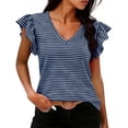 thumbnail image 1 of Pounoo Women's Striped Tees V Neck Short Sleeve Ruffle Sleeve Casual Tops Summer Loose Fit Comfy Tunics Gift, 1 of 6