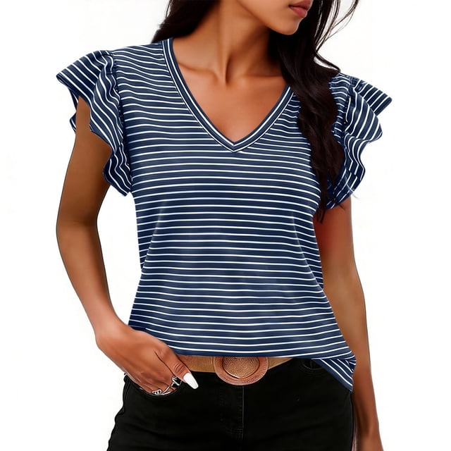 Pounoo Women's Striped Tees V Neck Short Sleeve Ruffle Sleeve Casual Tops Summer Loose Fit Comfy Tunics Gift